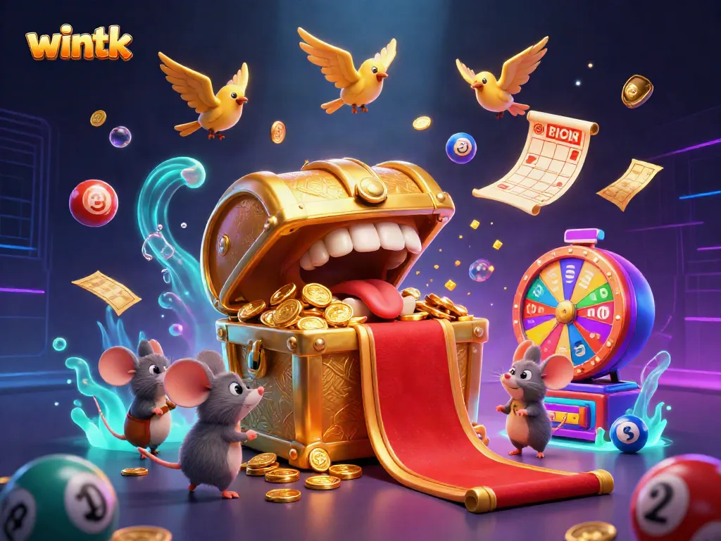 Engage in a thrilling wintk casino experience with vibrant lottery elements and treasure in a dynamic 3D scene.