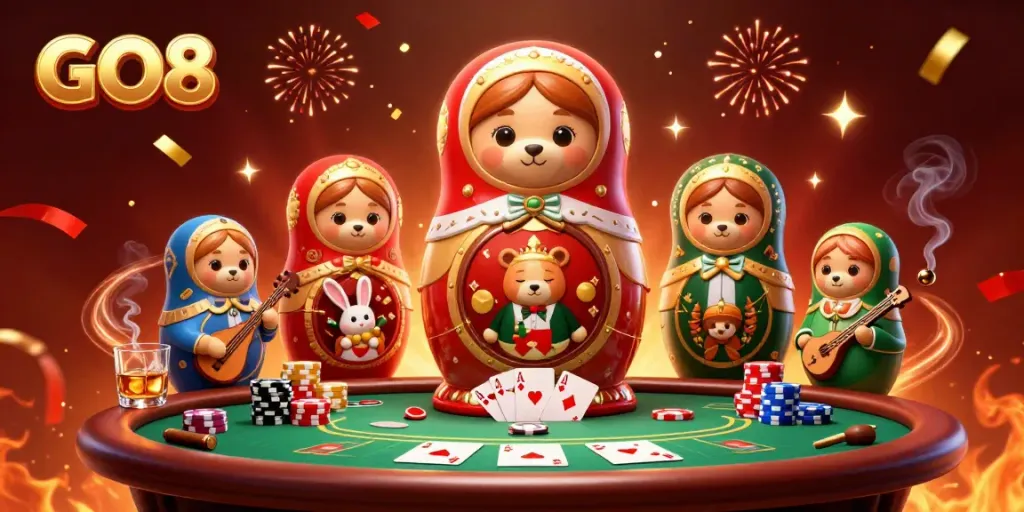 Experience thrilling casino gameplay with GO8's vibrant characters and rich game elements in a festive 3D illustration.