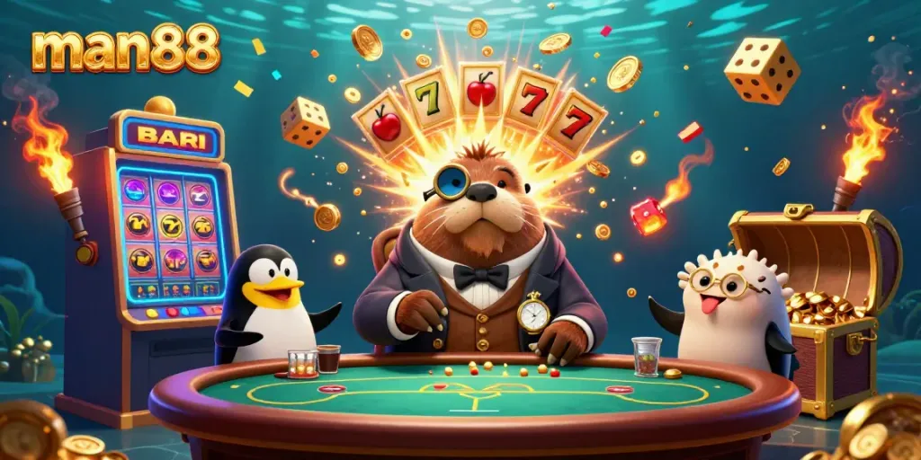 Experience the vibrant underwater casino world as man88's jolly walrus plays poker amidst gold coins and jackpots.