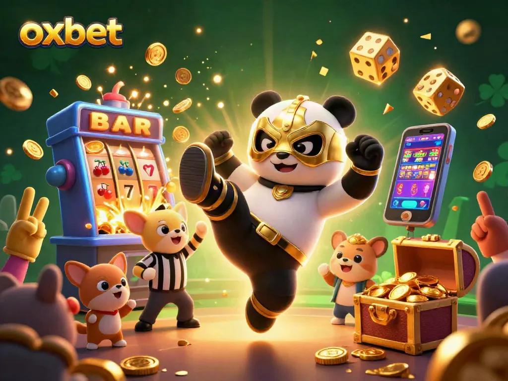 Experience the excitement of oxbet with a panda wrestler kicking big jackpots in a vibrant casino scene.