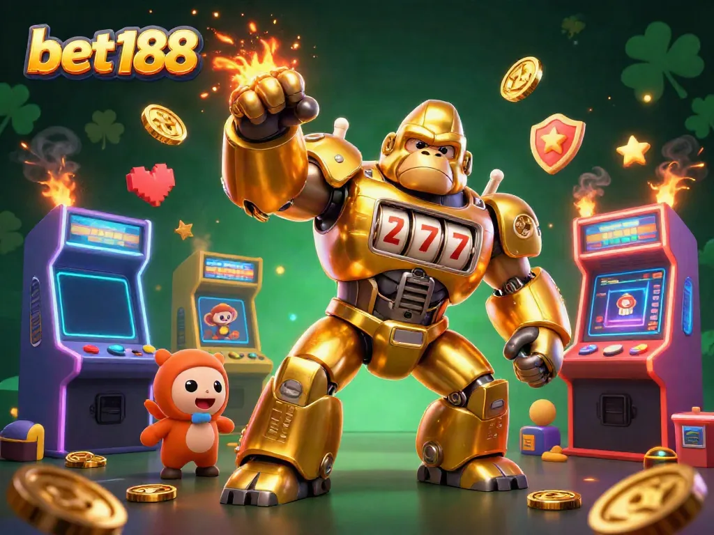 Experience thrilling gameplay at bet188 with an explosive golden gorilla mech and arcade elements, showcasing dynamic casino action.