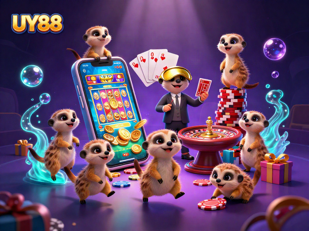Engage with UY88's dynamic casino scene featuring meerkats managing games and sneaking chips.
