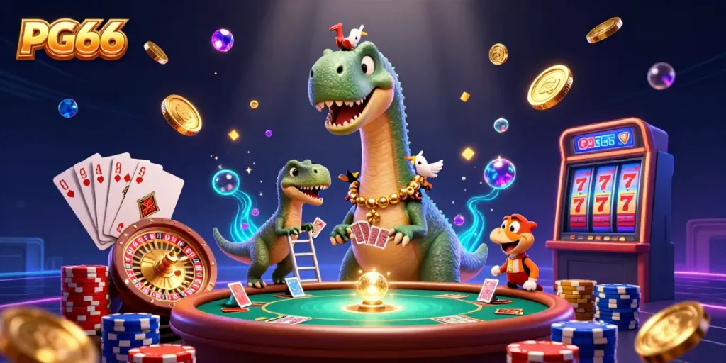 PG66 showcases an imaginative casino world where a brontosaurus playfully interacts with gameplay elements.