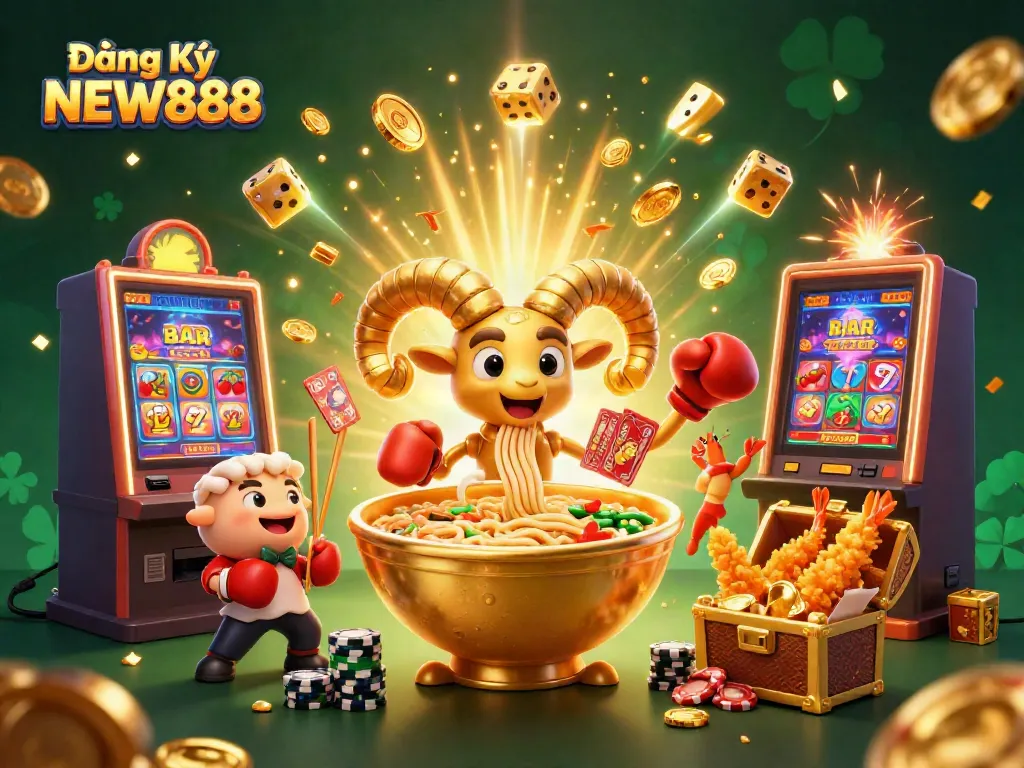 Join the exciting world of Đăng Ký NEW888 with vibrant characters and jackpot symbols in a dynamic casino scene.