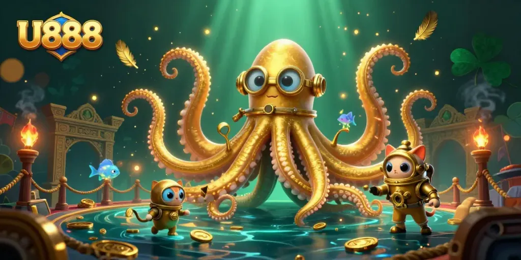 Experience thrilling gameplay with U888’s kraken emerging from treasure-filled waters in this dynamic casino scene.