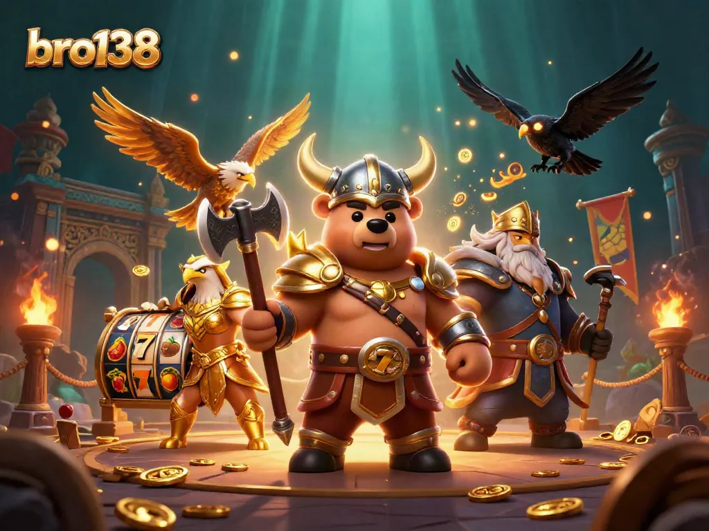 Experience the excitement of bro138's slot games with character-filled animated illustration