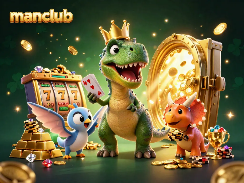 Experience excitement at manclub with a cartoon T-Rex shuffling cards, surrounded by casino riches and dynamic game elements.