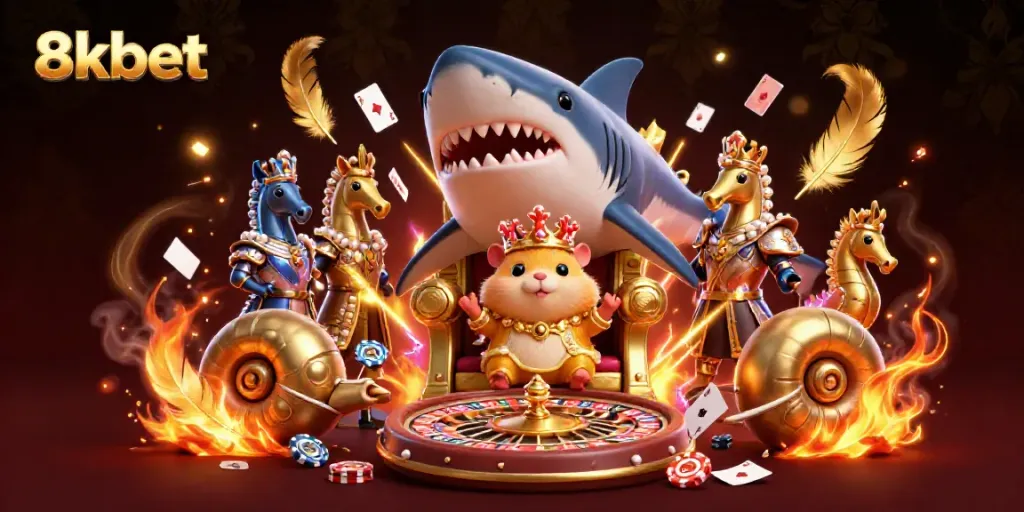 Join the excitement and win big with 8kbet in this vibrant casino scene featuring charming characters.