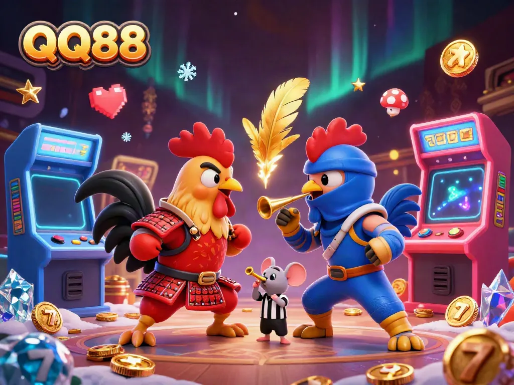 Experience thrilling action at QQ88 with cartoon roosters in a dramatic showdown in a vivid arcade setting.