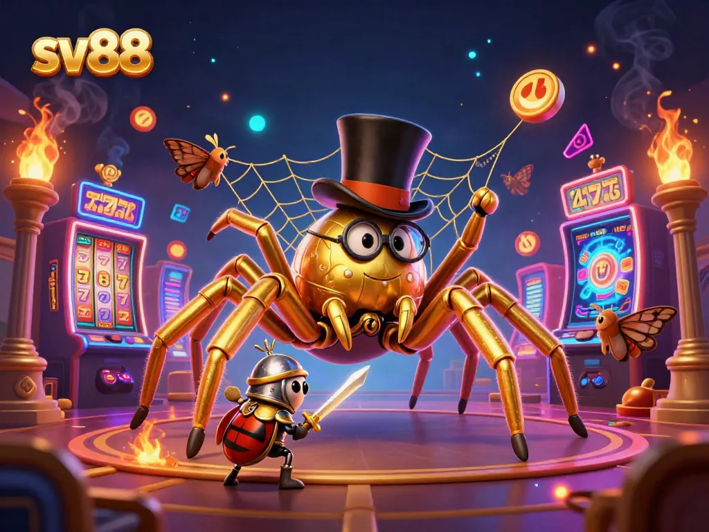 Join the fun at sv88 as a golden tarantula and armored beetle knight prepare for an epic casino adventure!