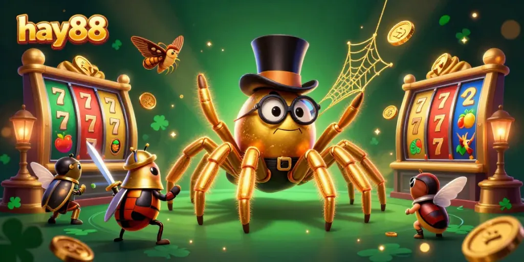 Engage with the captivating hay88 experience featuring lively characters amidst vibrant slots and golden coins.
