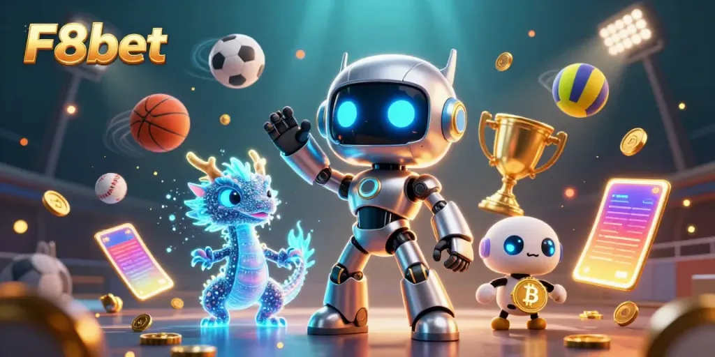 Experience thrilling games at F8bet with a dynamic 3D casino illustration showcasing exciting gambling elements.
