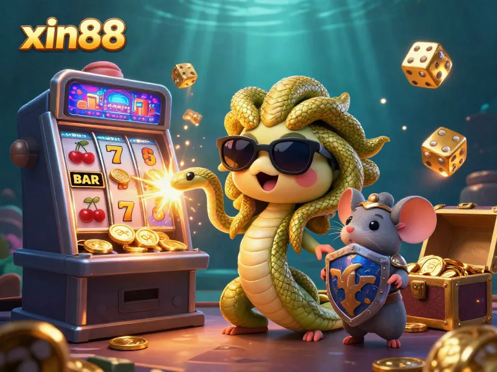 Experience the charm of xin88 with friendly Medusa and a warrior mouse in a vibrant casino scene.