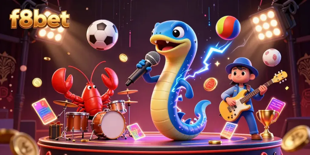Experience the vibrant f8bet underwater casino scene with a DJ eel and dynamic sports elements.