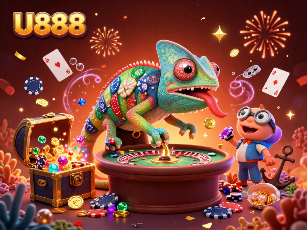 Spin the reels and win with U888, the vibrant 3D casino scene featuring colorful elements.