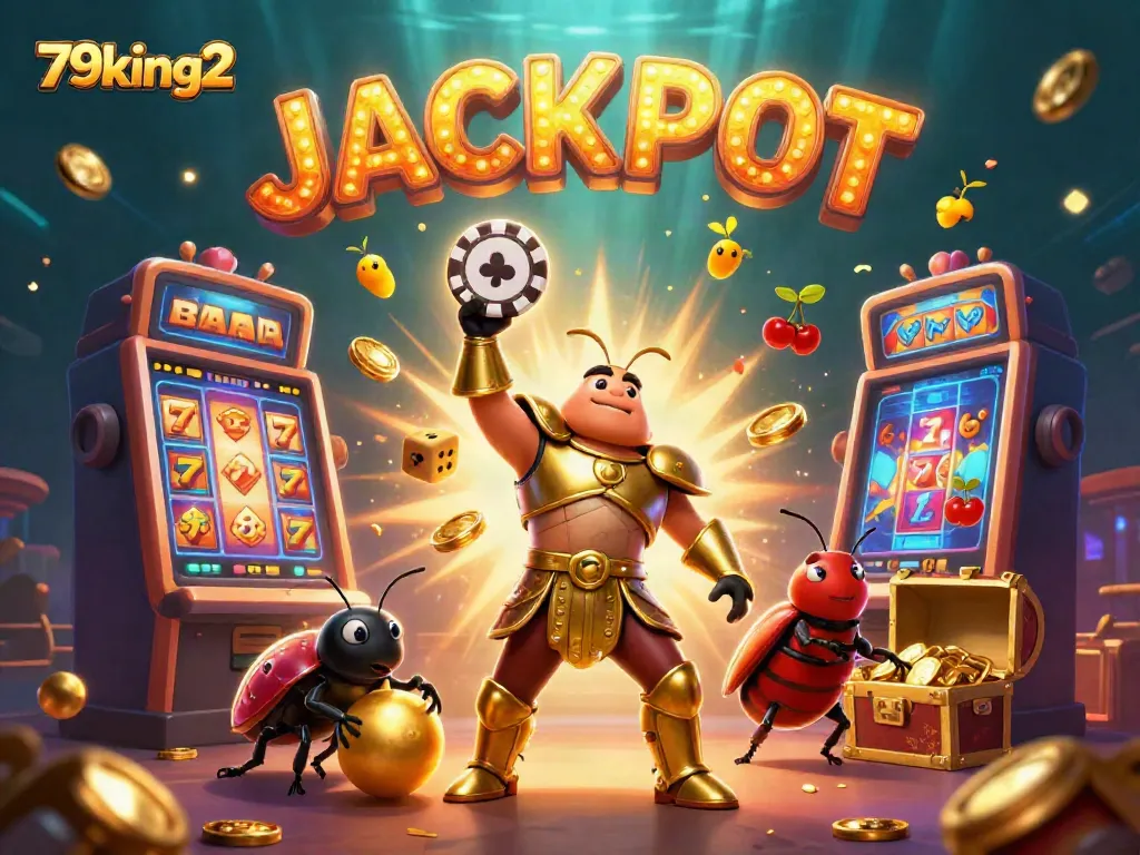 79king2 showcases a dynamic scene with characters celebrating a jackpot in a casino-themed environment.