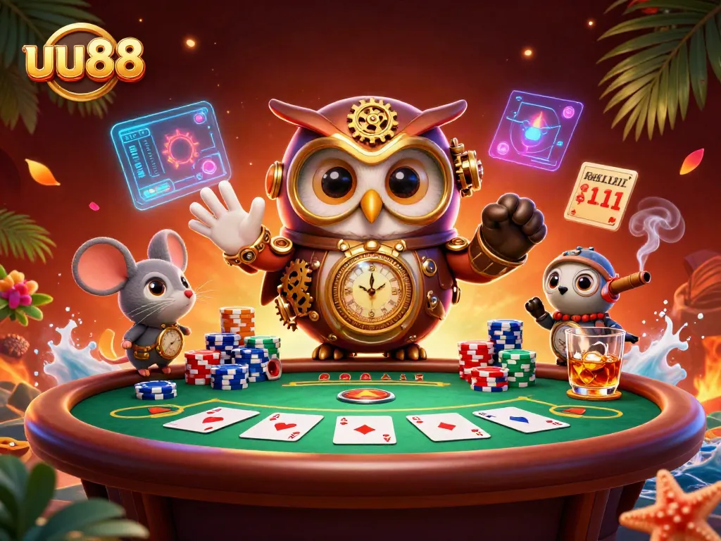 Join the thrills of uu88 at a lively casino table surrounded by vibrant characters.