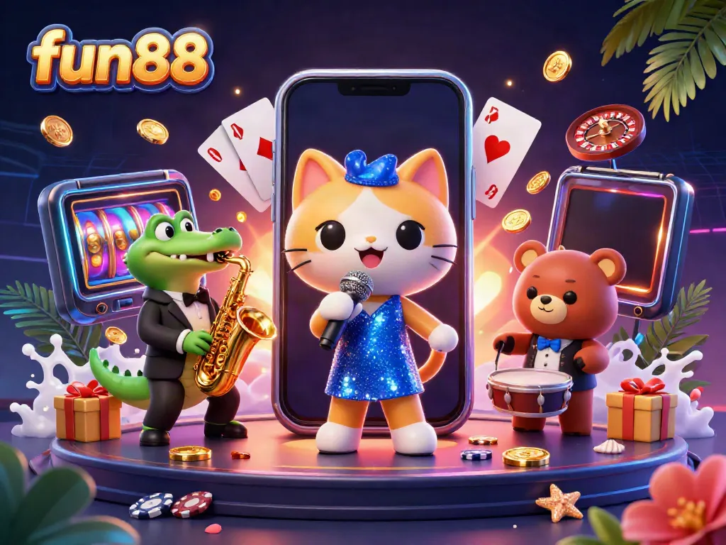 Experience fun88 in a lively casino scene featuring a jazz-singer cat, saxophone crocodile, and playful bear cub.