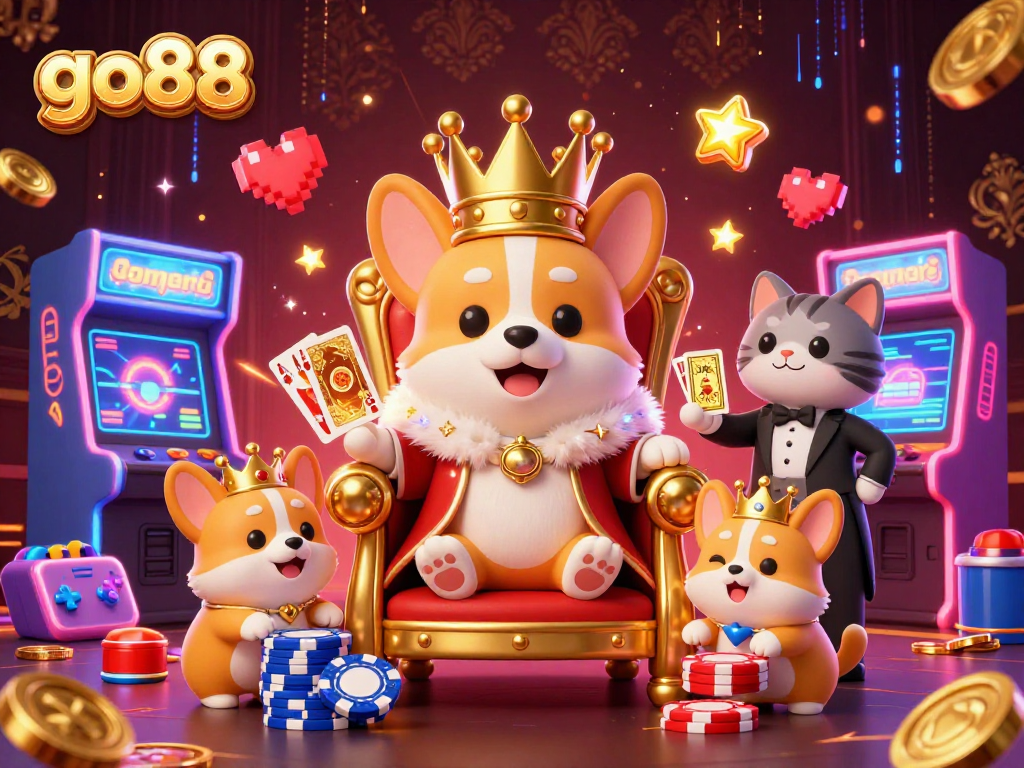 Engage with go88 through a dynamic 3D scene featuring royal corgi and vibrant gaming elements.