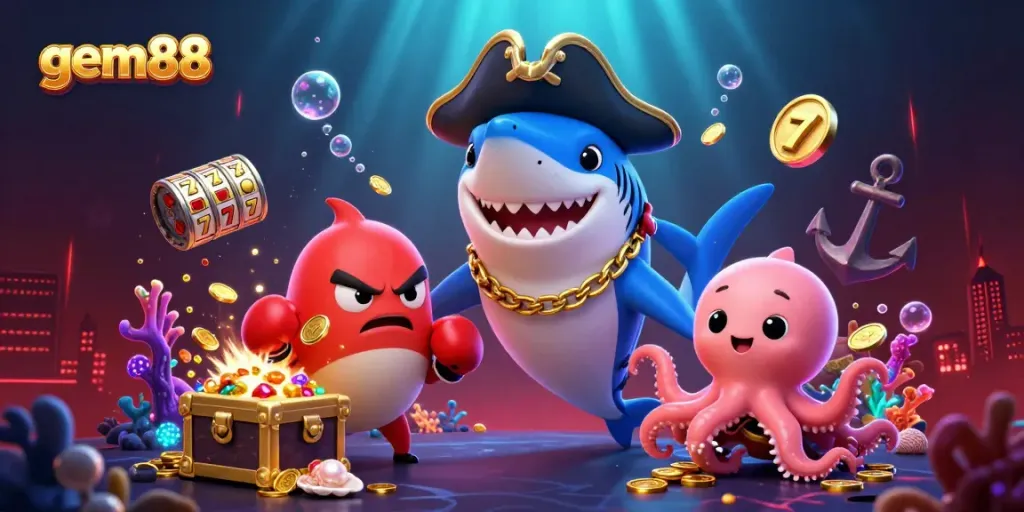Engaging scene featuring gem88 characters celebrating casino wins with gold coins and slot reels.