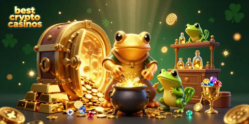 Experience the excitement of the best crypto casinos with vibrant visuals of gold coins and blockchain elements.