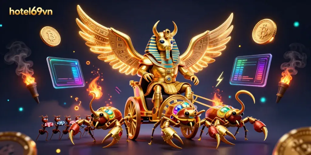 Experience thrilling gaming at hotel69vn, featuring a golden scarab beetle in dynamic casino action.