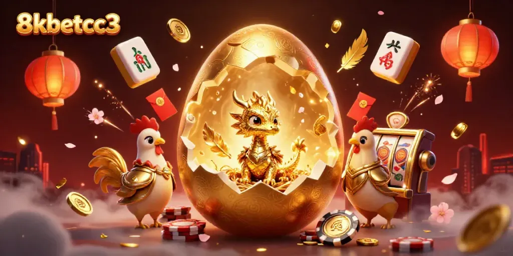 Experience thrilling gameplay at 8kbetcc3 with a captivating dragon guarding poker chips amidst vibrant casino elements.