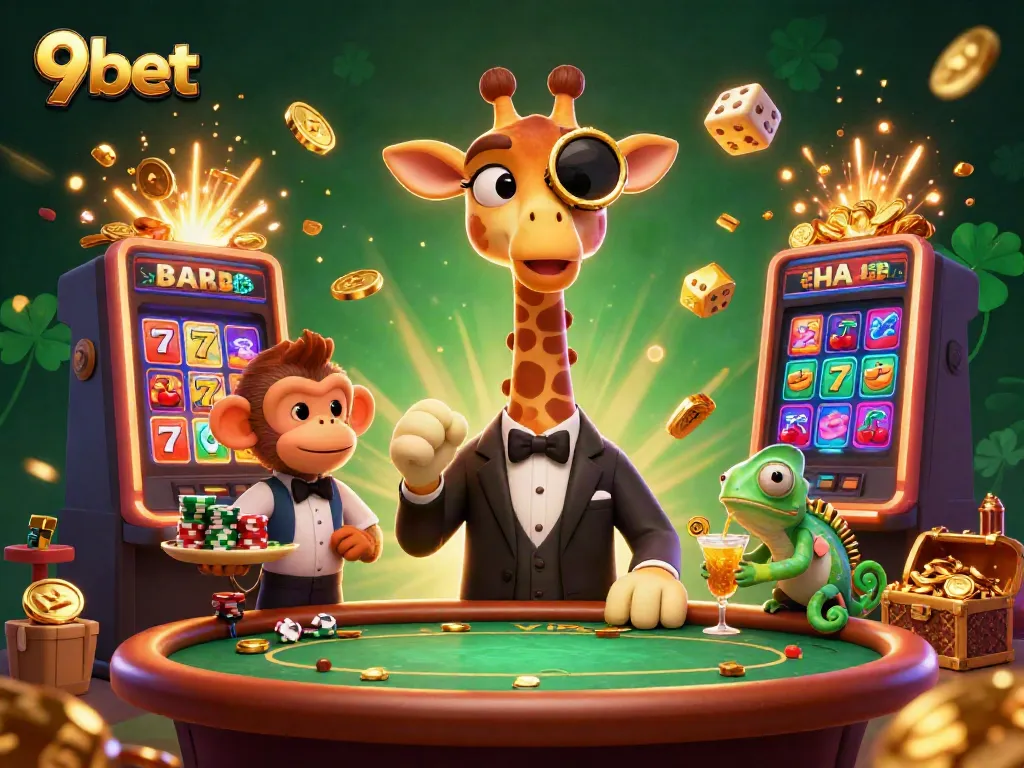 Engage with thrilling 9bet casino gaming featuring a whimsical giraffe, monkey, and chameleon in a vibrant 3D scene.