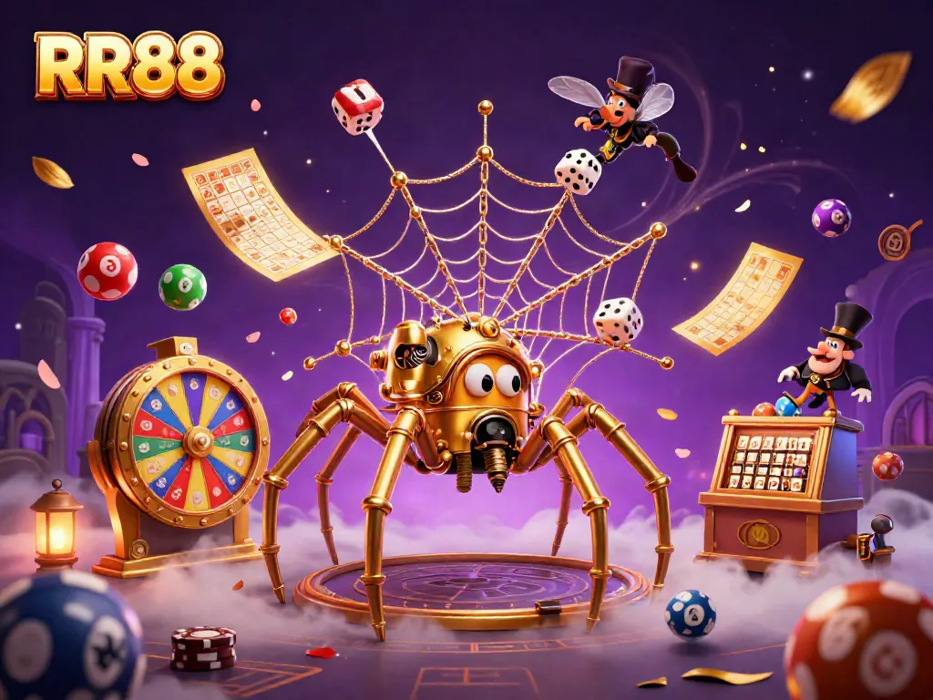 Engage with RR88's dynamic casino experience featuring a steampunk spider catching dice in a web.