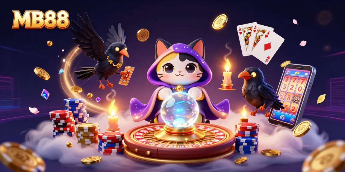 Win big with MB88: 3D illustration featuring vibrant cat fortune teller and raven with casino elements.