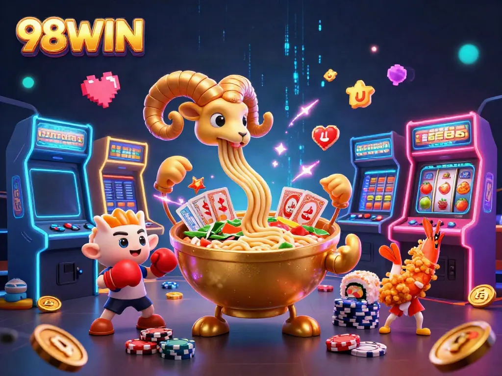 Engage in thrilling gambling with vibrant 98WIN-themed 3D illustration featuring unique casino characters and elements.