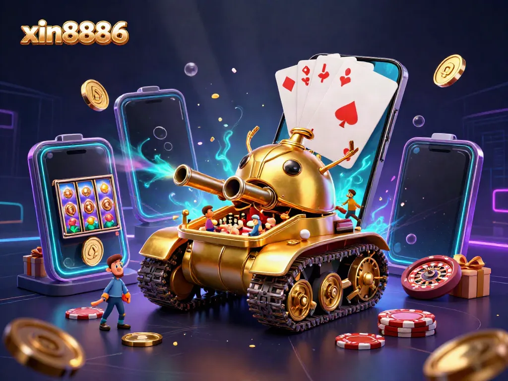 Engage in thrilling gameplay with xin8886's interactive casino scene featuring colorful slot games and golden coins.